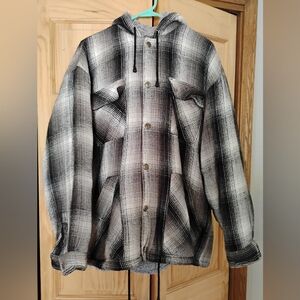 Plaid Hooded Flannel And Sherpa Lined HoodedJacket - Black and Gray
